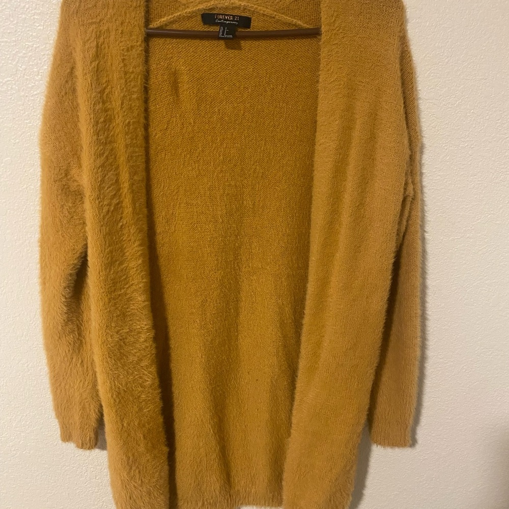 Fuzzy Tan/ Mustard Cardigan Sweater